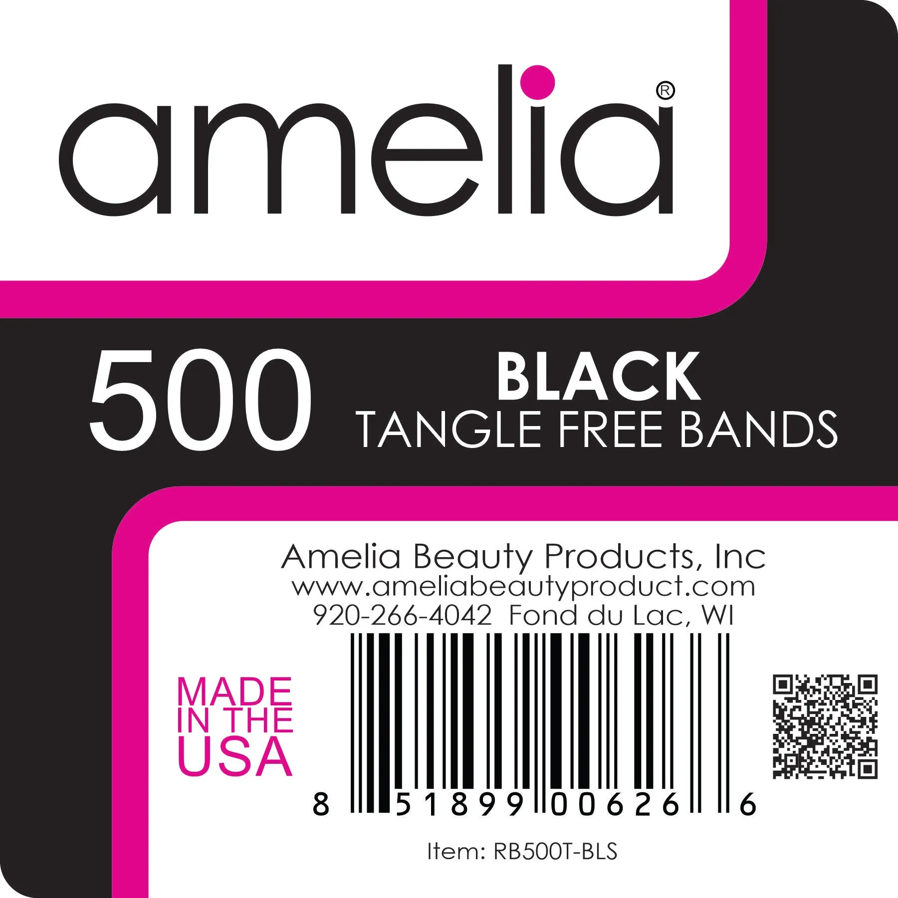 Amelia Beauty | 1/2in, Black, Tangle Free Elastic Pony Tail Holders | Made in USA, Ideal for Ponytails, Braids, Twists. For Women, Girls. Pain Free, Snag Free, Easy Off | 500 Pack