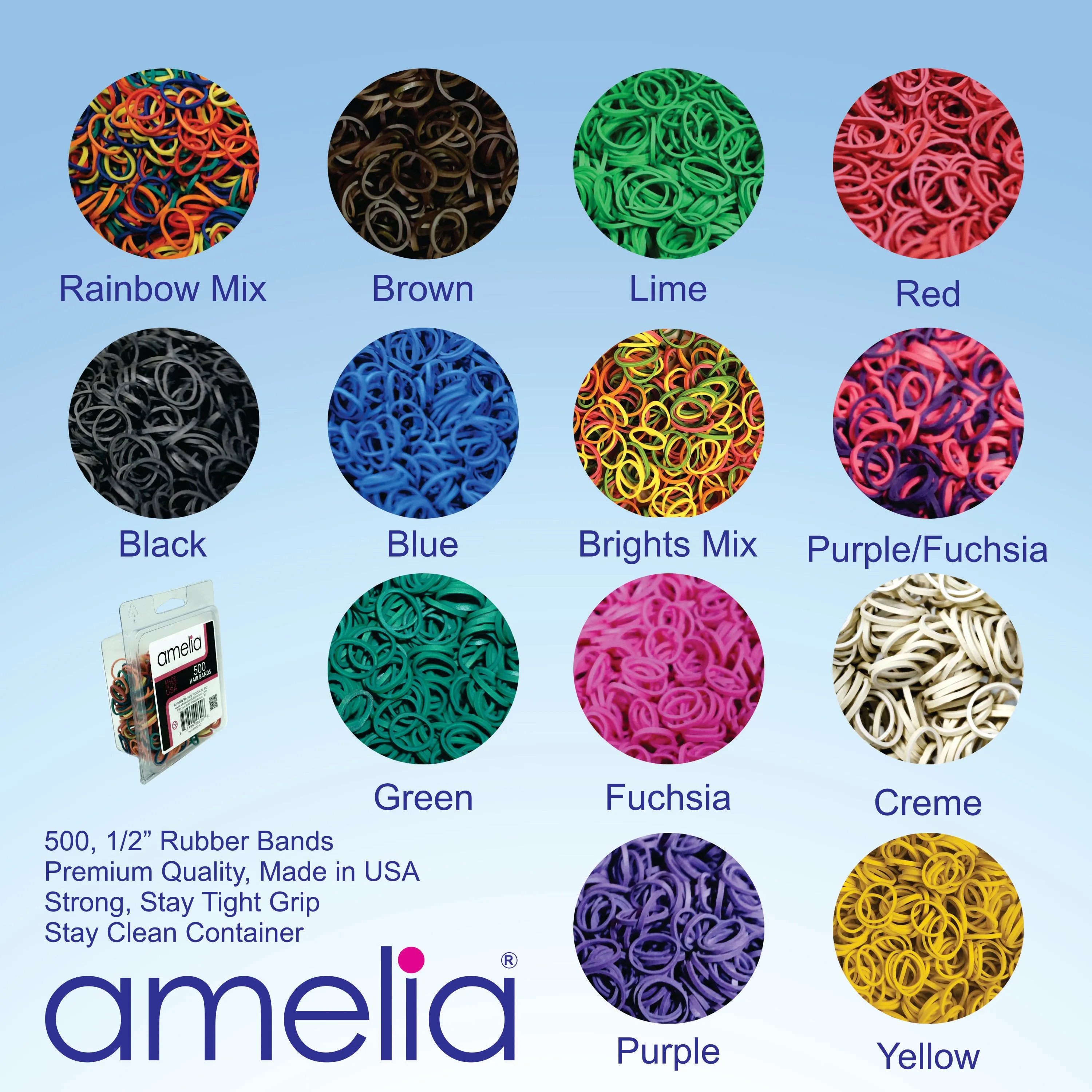 Amelia Beauty | 1/2in, Yellow, Elastic Rubber Band Pony Tail Holders | Made in USA, Ideal for Ponytails, Braids, Twists, Dreadlocks, Styling Accessories for Women, Men and Girls | 500 Pack