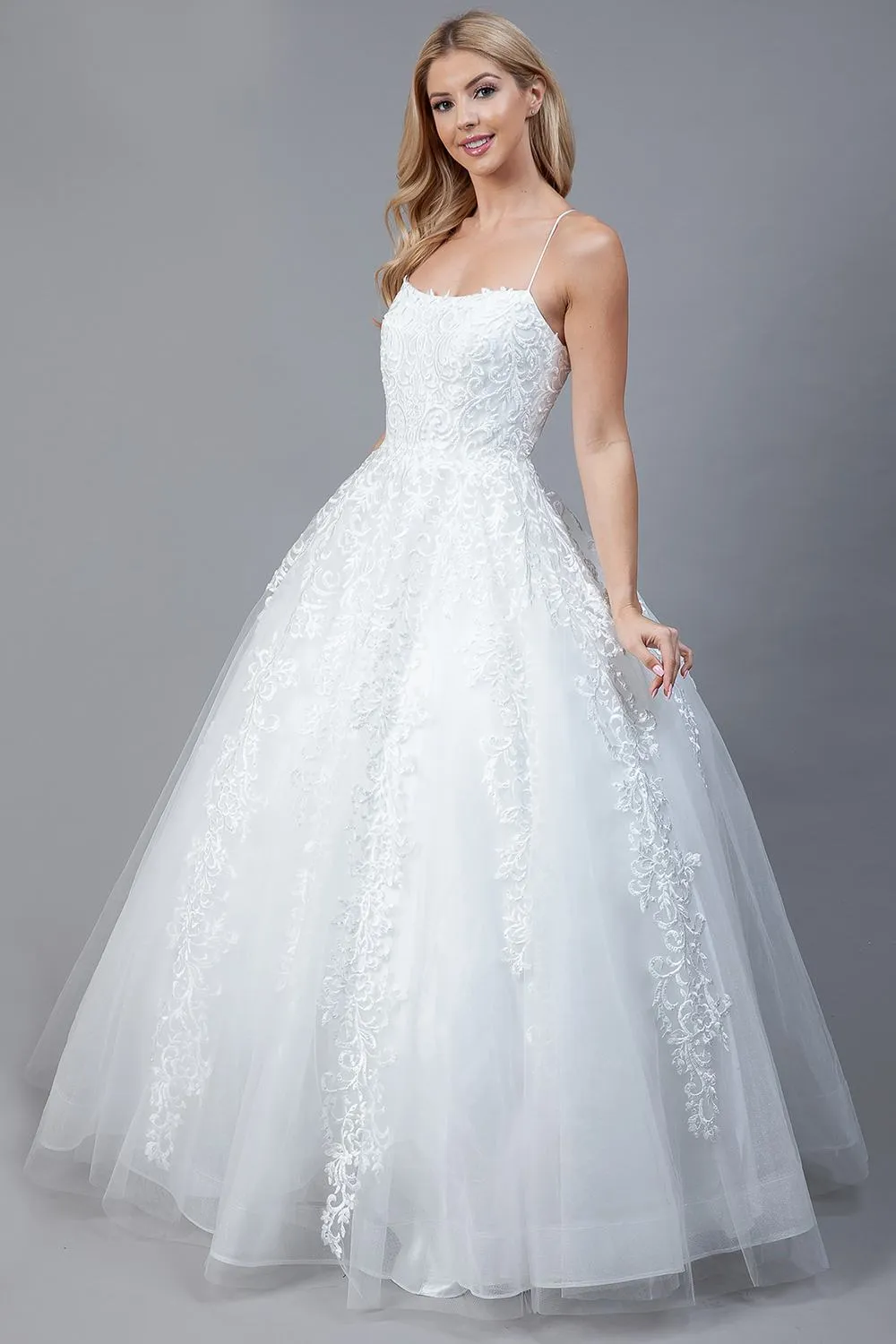 Amelia Couture BZ016 Long A-Line Ballgown Boat Neckline Embroidery