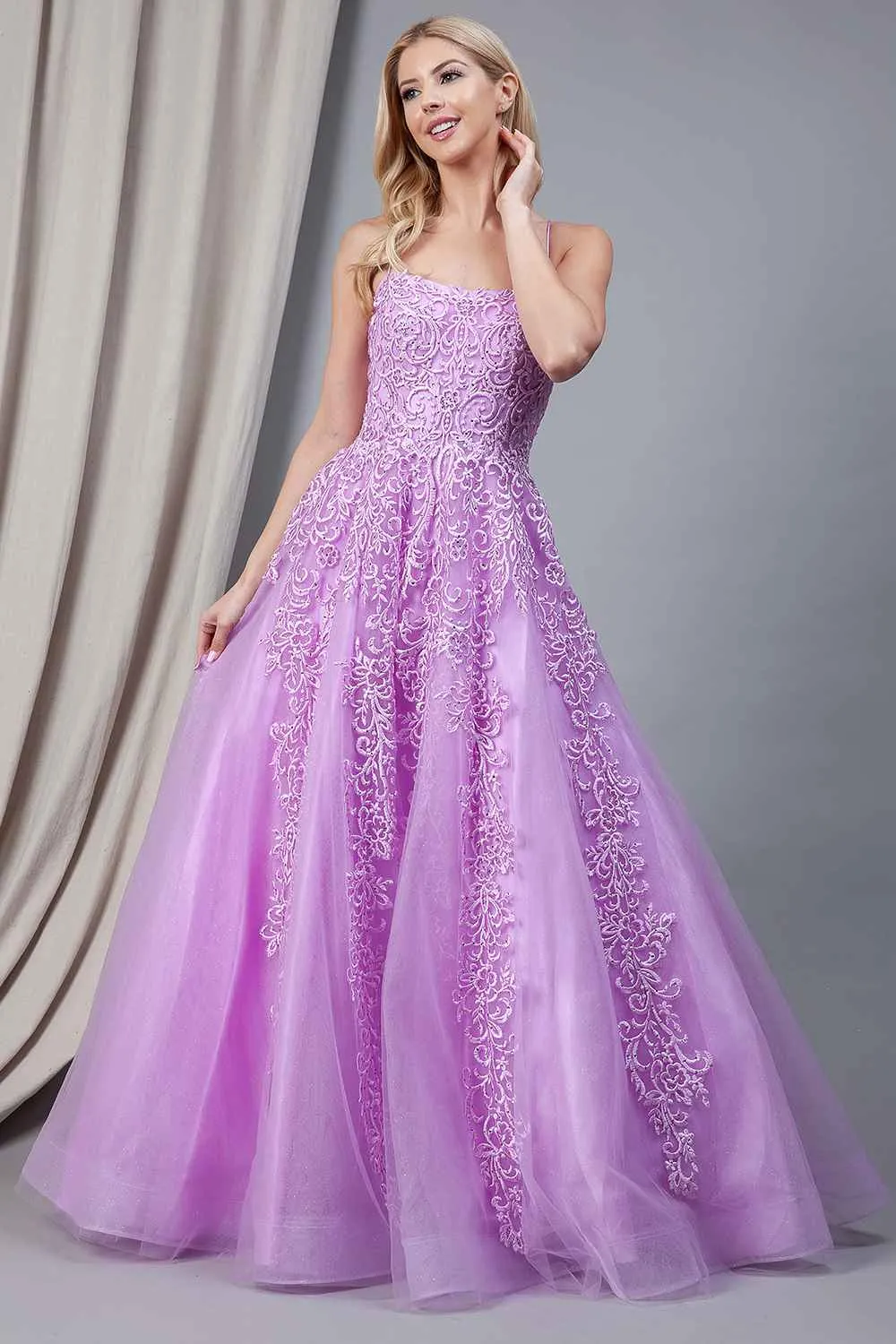 Amelia Couture BZ016 Long A-Line Ballgown Boat Neckline Embroidery