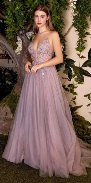 Andrea & Leo A0850 Appliqued Long Dress Sheer-Midriff