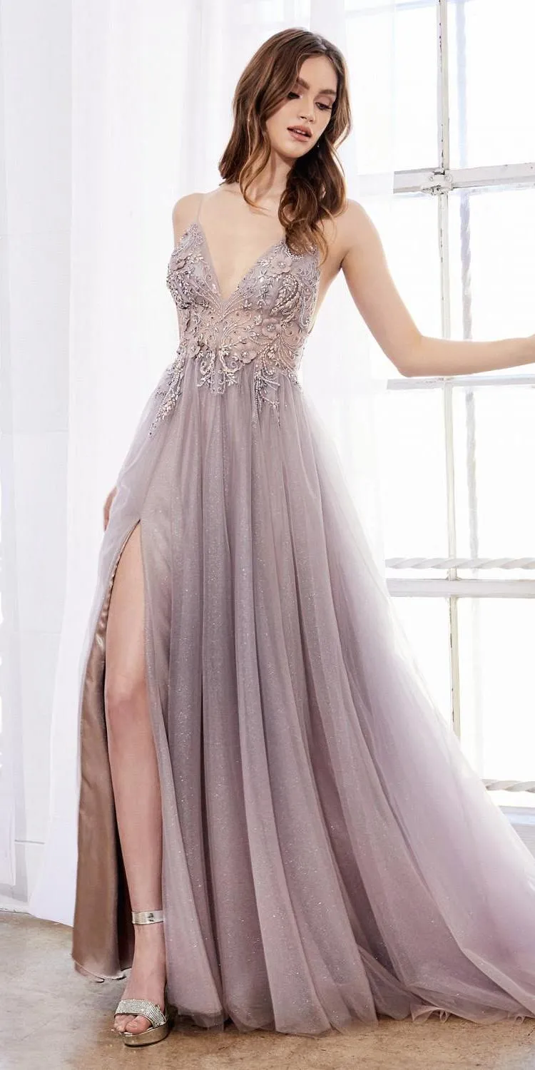 Andrea & Leo A0850 Appliqued Long Dress Sheer-Midriff
