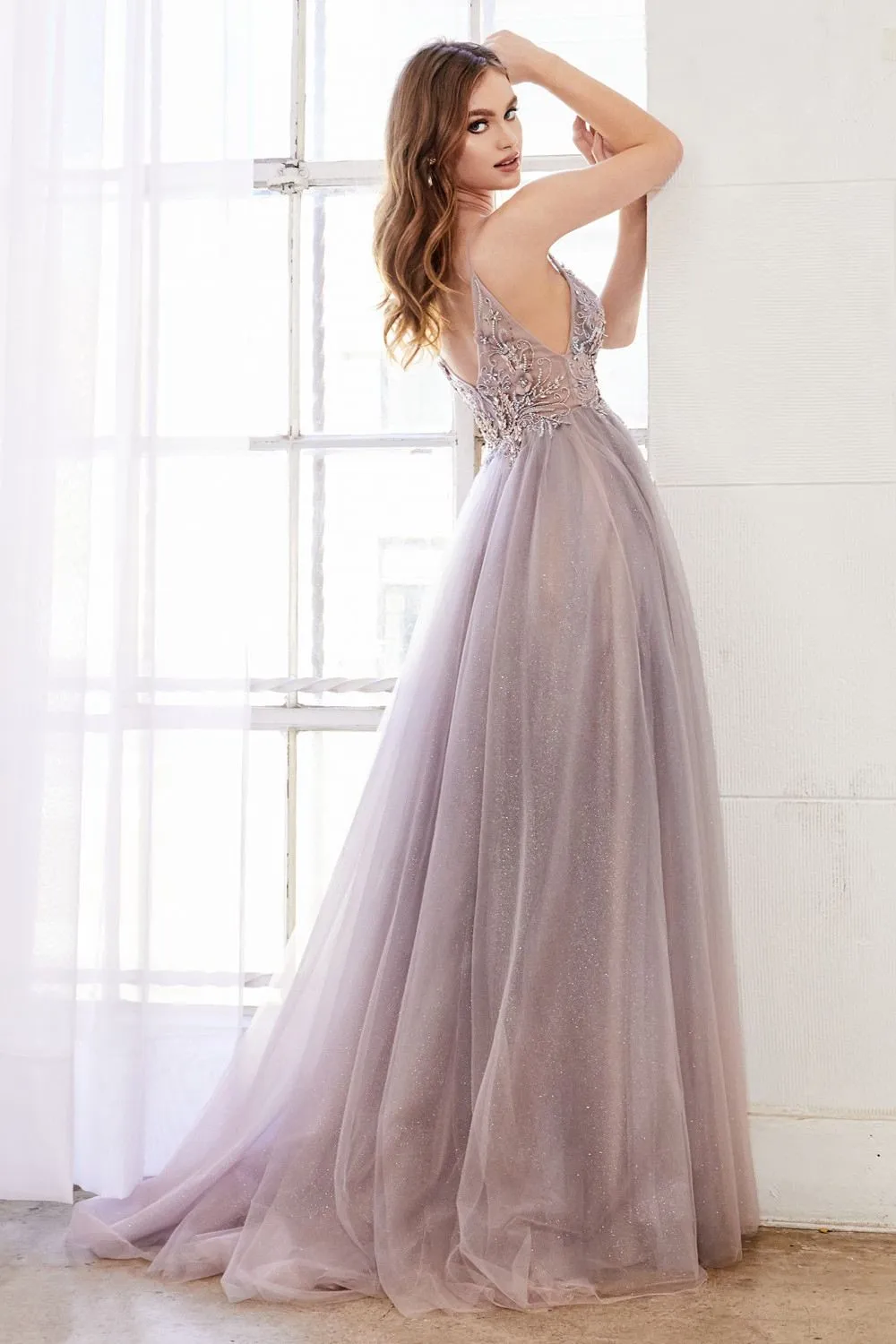 Andrea & Leo A0850 Appliqued Long Dress Sheer-Midriff
