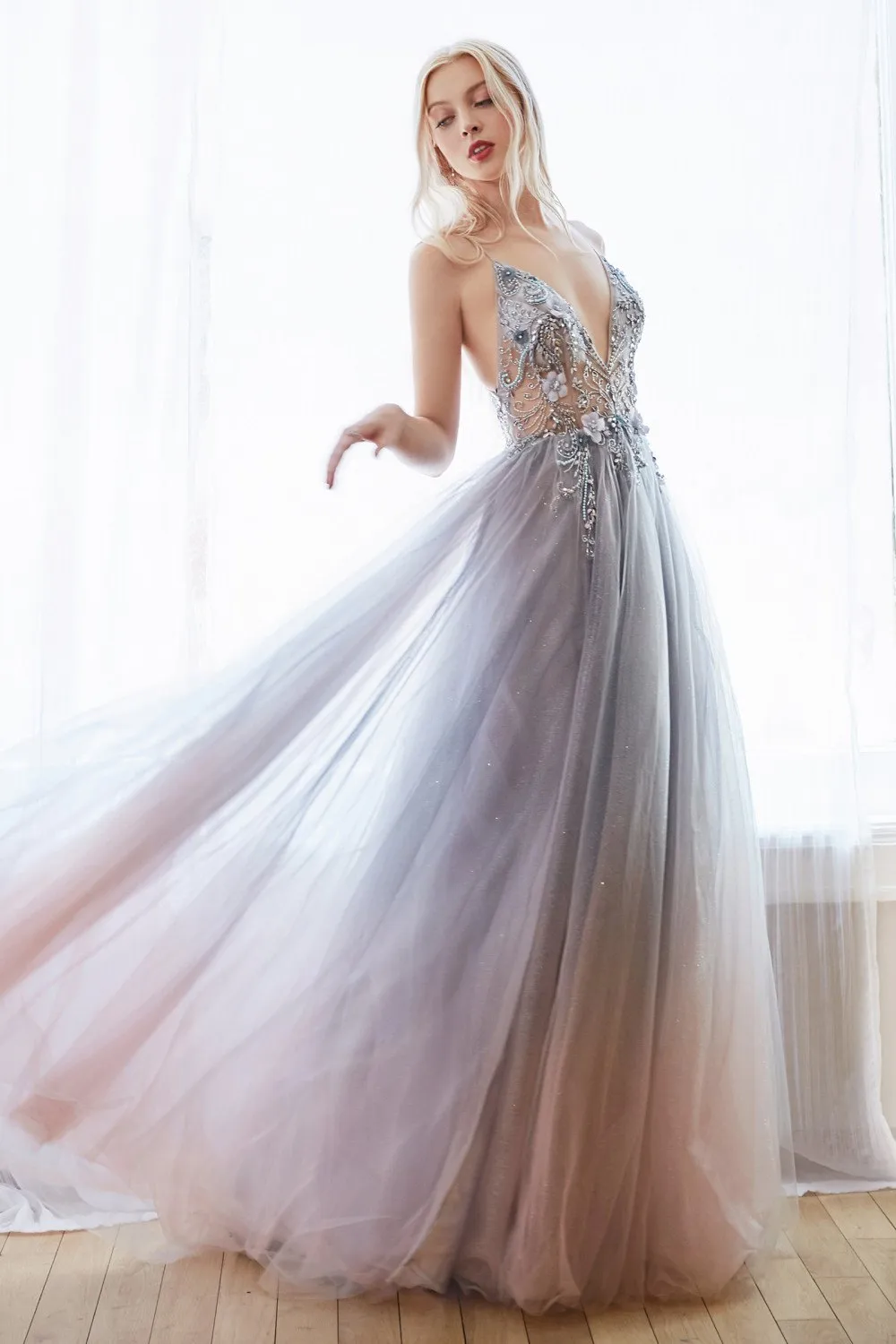 Andrea & Leo A0850 Appliqued Long Dress Sheer-Midriff