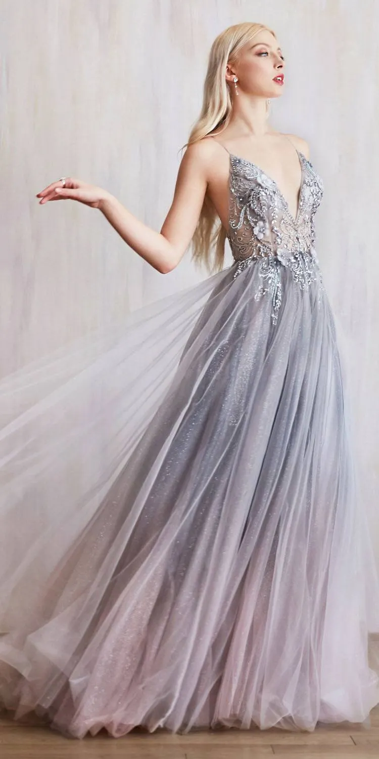 Andrea & Leo A0850 Appliqued Long Dress Sheer-Midriff
