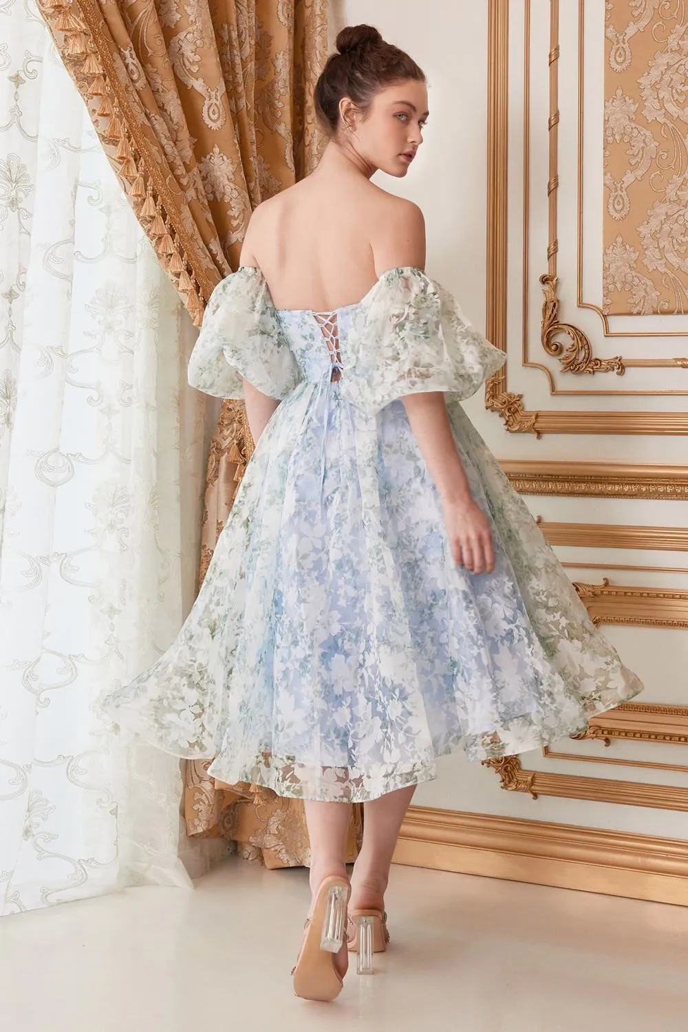 Andrea & Leo A1196 Strapless English Garden Tea Gown with Puff Sleeves