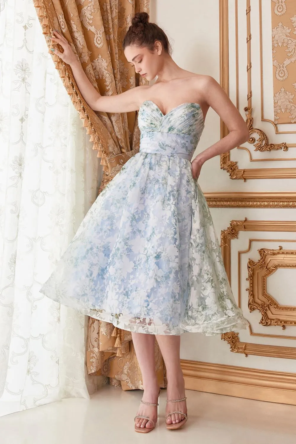 Andrea & Leo A1196 Strapless English Garden Tea Gown with Puff Sleeves