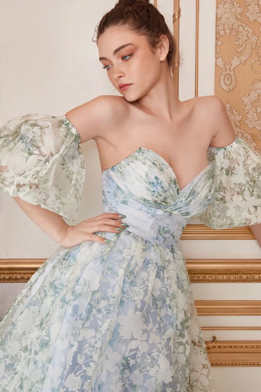 Andrea & Leo A1196 Strapless English Garden Tea Gown with Puff Sleeves