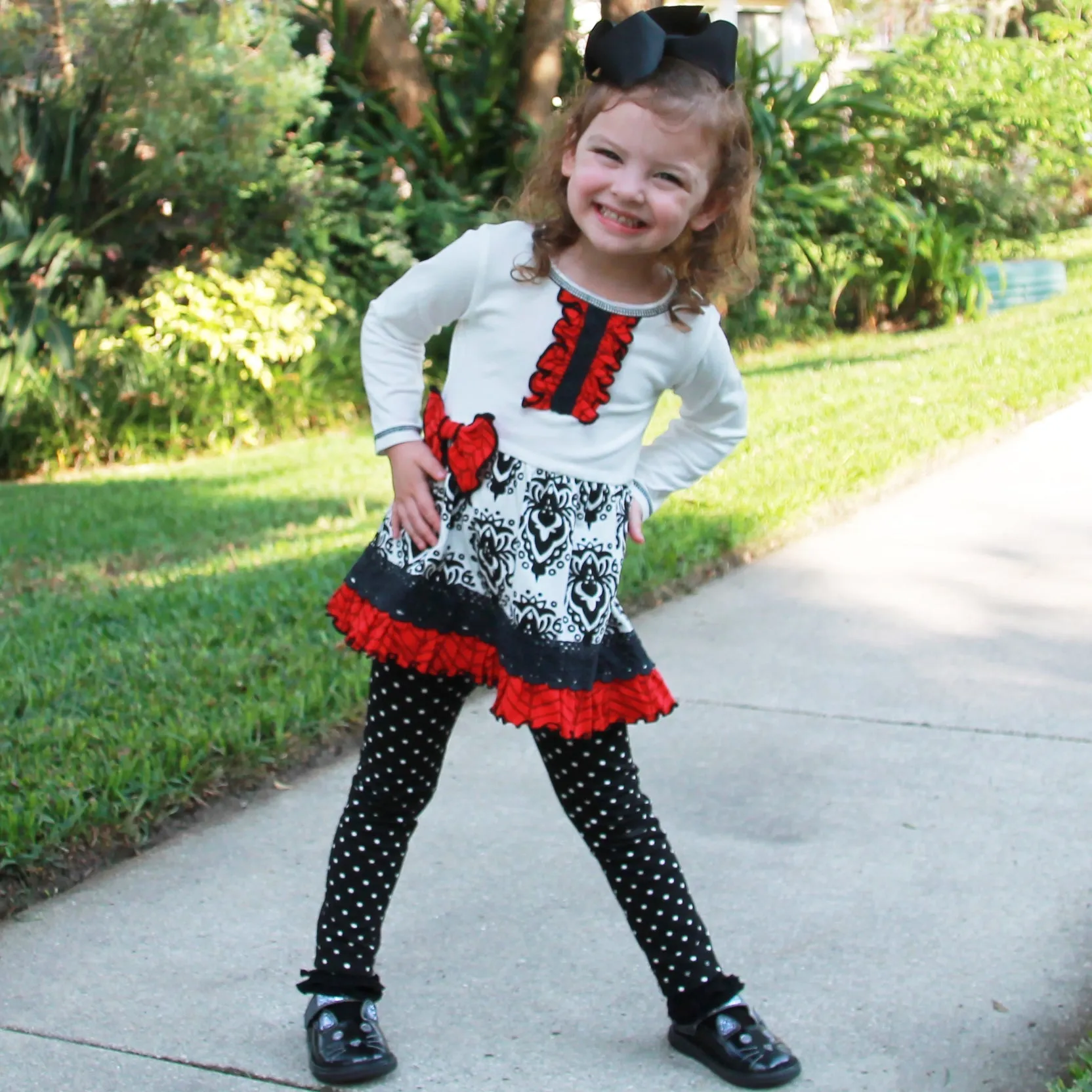 AnnLoren Girls Winter Damask Holiday Polka Dot Herringbone Dress Tunic & Leggings Set