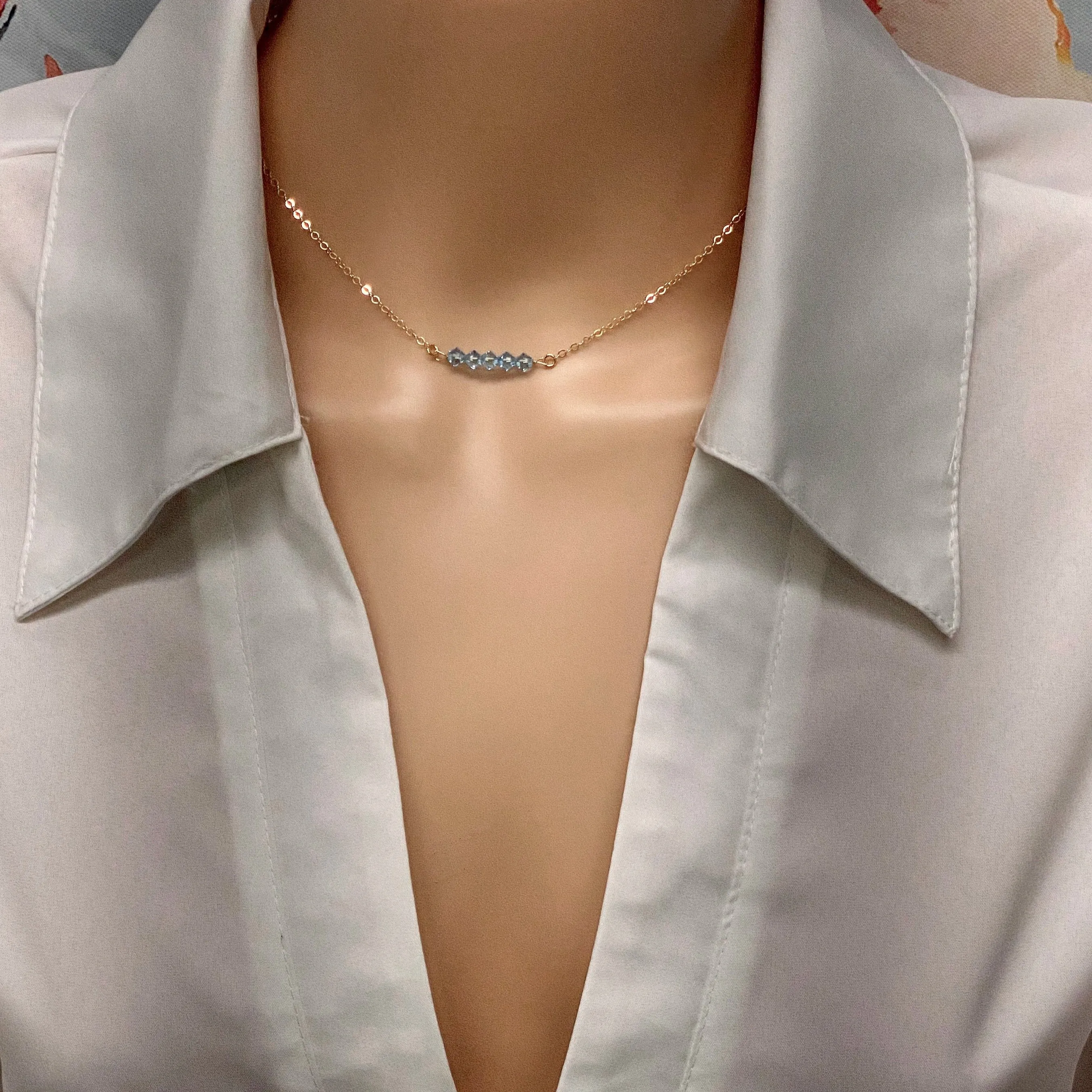 Aquamarine Blue Crystal  Bar Necklace