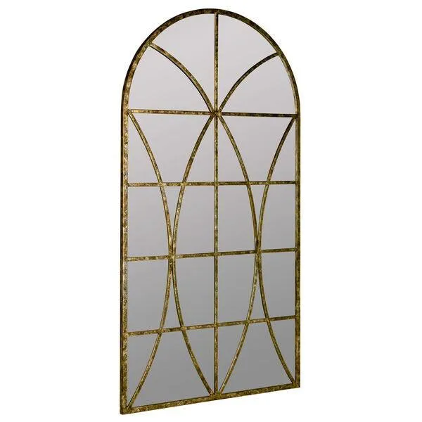 Arched Antique Gold and Black Metal Wall Mirror with Aged Gold and Black Overlay