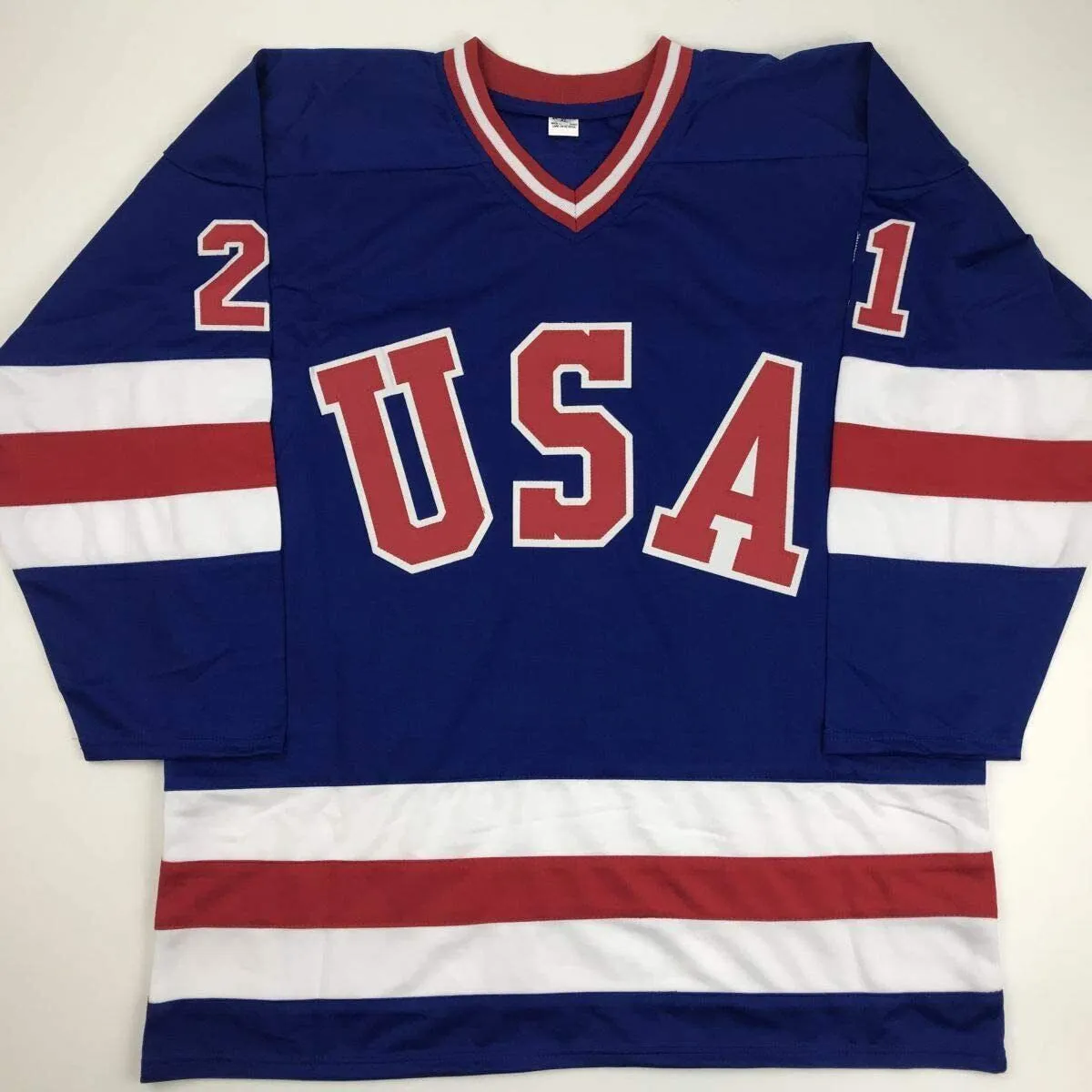 Autographed/Signed Mike Eruzione Blue Team Miracle On Ice 1980 Jersey JSA COA