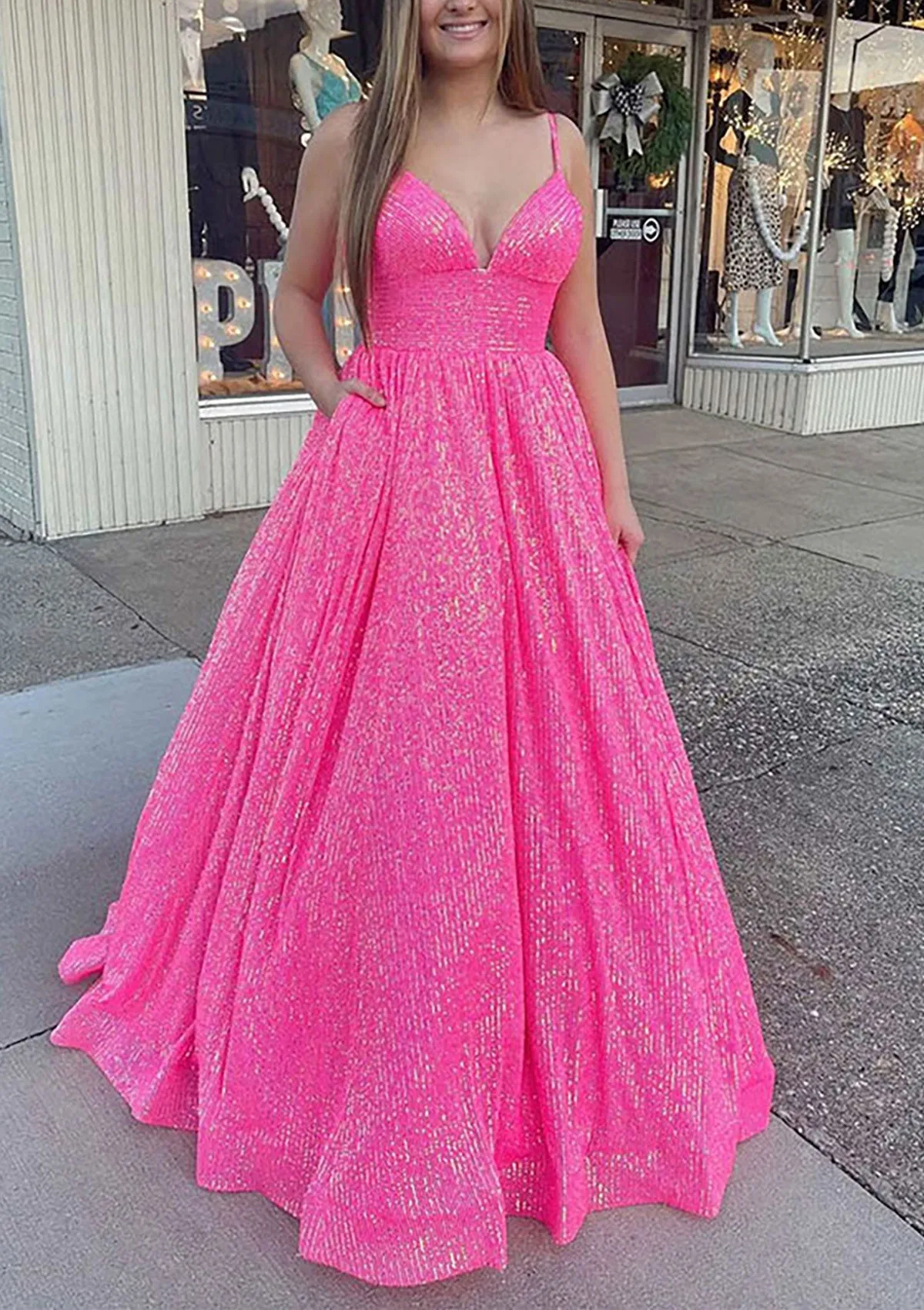 Ball Gown Sleeveless V Neck Floor-Length Sequined Sparkling Prom Dress