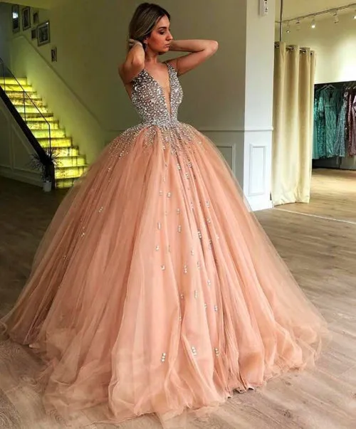 Beaded and Tulle Deep Illusion V-neck Ball Gown Mauve Prom Dress,MP502