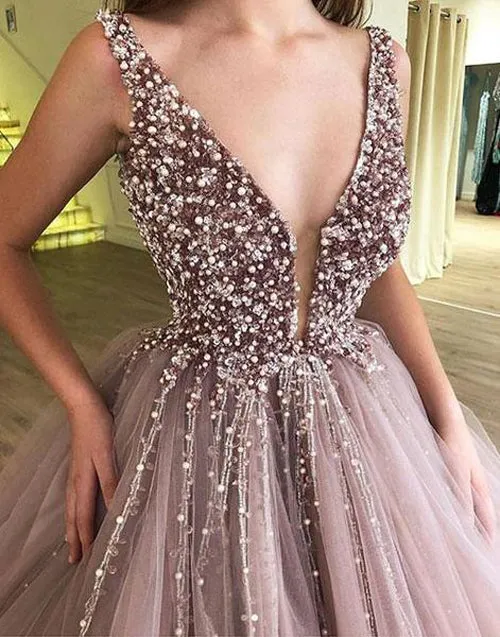 Beaded and Tulle Deep Illusion V-neck Ball Gown Mauve Prom Dress,MP502