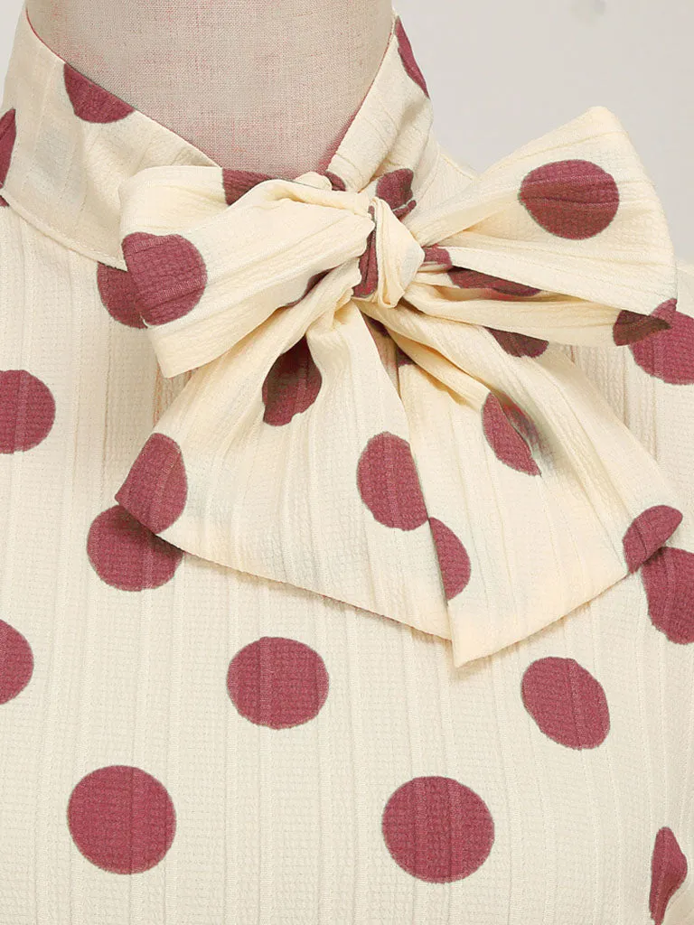 Big BowKnot Polka Dots Puff Long Sleeve Audrey Hepburn Style 1950S Vintage Dress