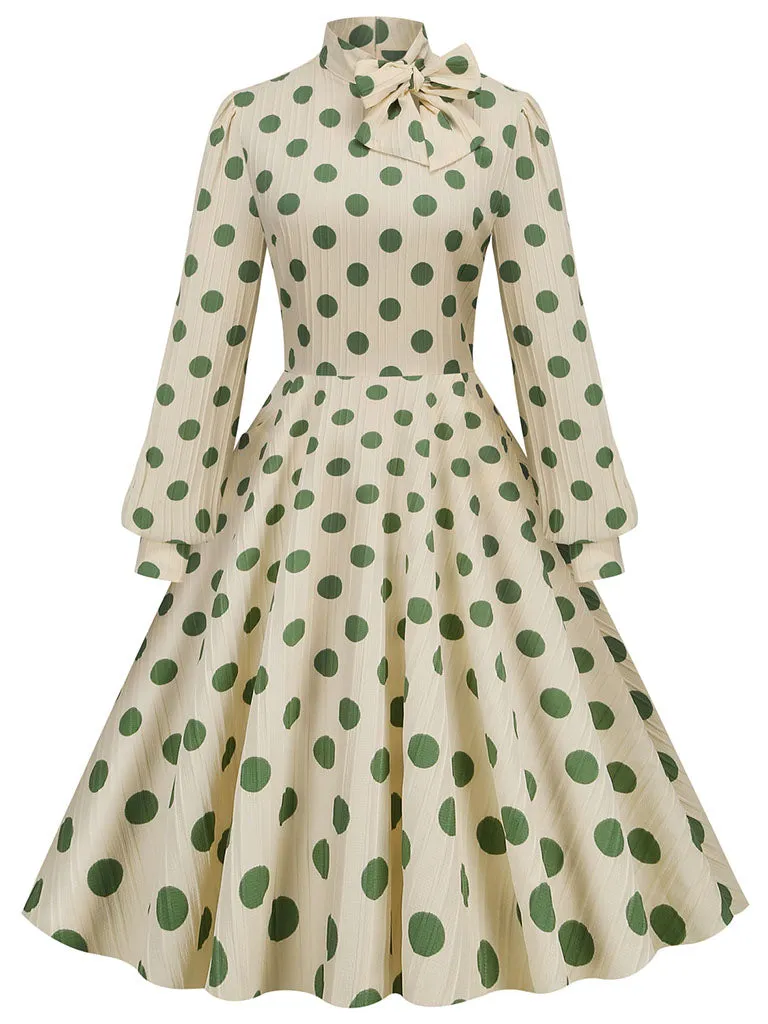 Big BowKnot Polka Dots Puff Long Sleeve Audrey Hepburn Style 1950S Vintage Dress