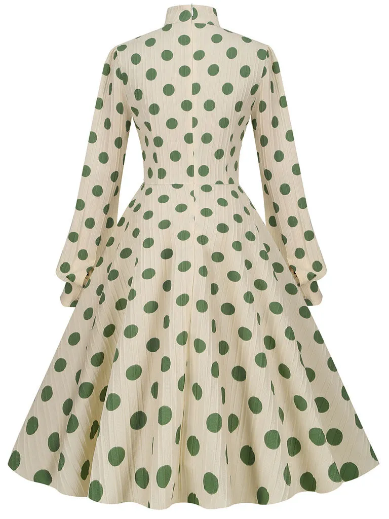 Big BowKnot Polka Dots Puff Long Sleeve Audrey Hepburn Style 1950S Vintage Dress