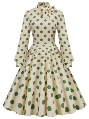 Big BowKnot Polka Dots Puff Long Sleeve Audrey Hepburn Style 1950S Vintage Dress