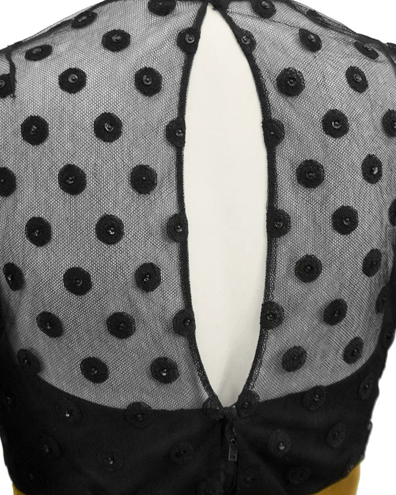Black Long Sleeve Gown with Polka Dot Net Overlay and Gold Sash