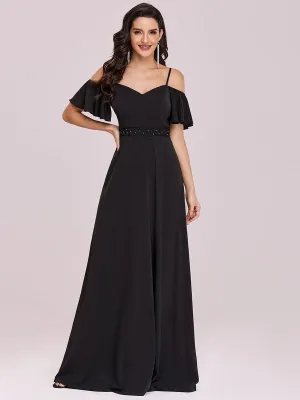 Black Prom Dress A-Line V-Neck Polyester Sleeveless Ruffles Zipper Backless Maxi Pageant Dresses