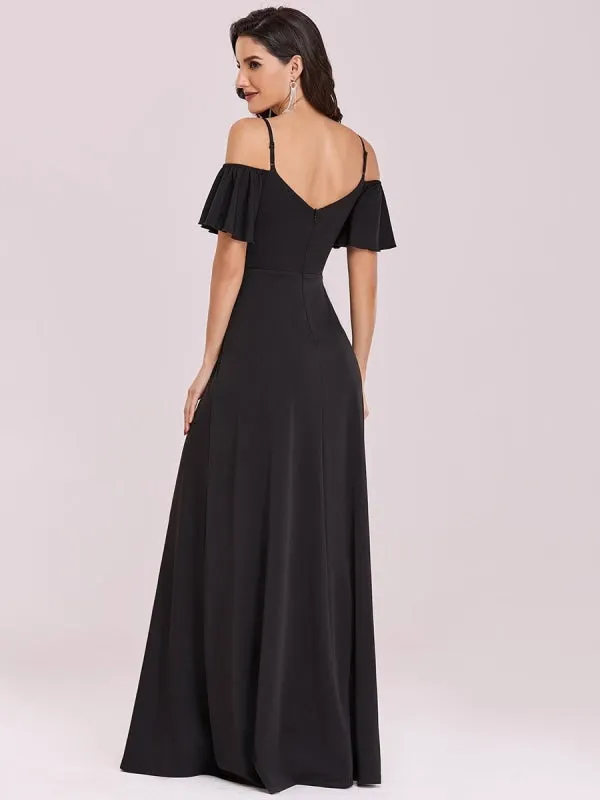 Black Prom Dress A-Line V-Neck Polyester Sleeveless Ruffles Zipper Backless Maxi Pageant Dresses