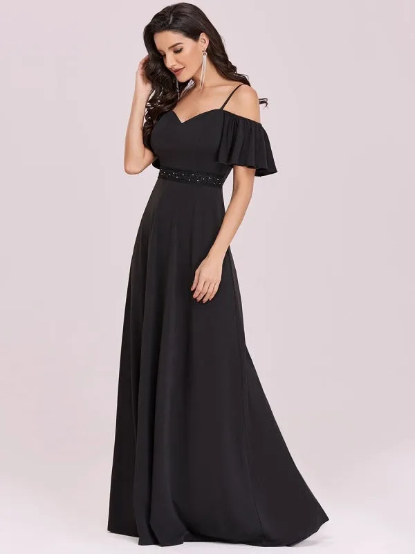 Black Prom Dress A-Line V-Neck Polyester Sleeveless Ruffles Zipper Backless Maxi Pageant Dresses