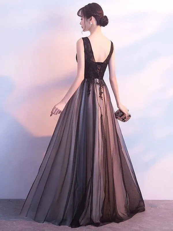 Black Prom Dresses Long V Neck Lace Tulle Sleeveless A Lien Floor Length Formal Evening Dress