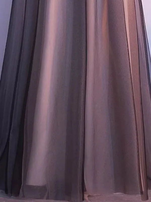 Black Prom Dresses Long V Neck Lace Tulle Sleeveless A Lien Floor Length Formal Evening Dress