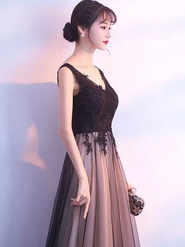 Black Prom Dresses Long V Neck Lace Tulle Sleeveless A Lien Floor Length Formal Evening Dress