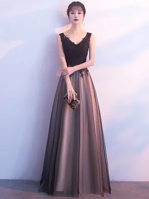Black Prom Dresses Long V Neck Lace Tulle Sleeveless A Lien Floor Length Formal Evening Dress