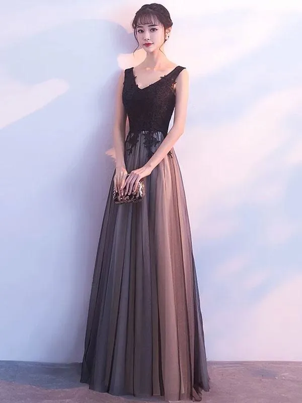 Black Prom Dresses Long V Neck Lace Tulle Sleeveless A Lien Floor Length Formal Evening Dress