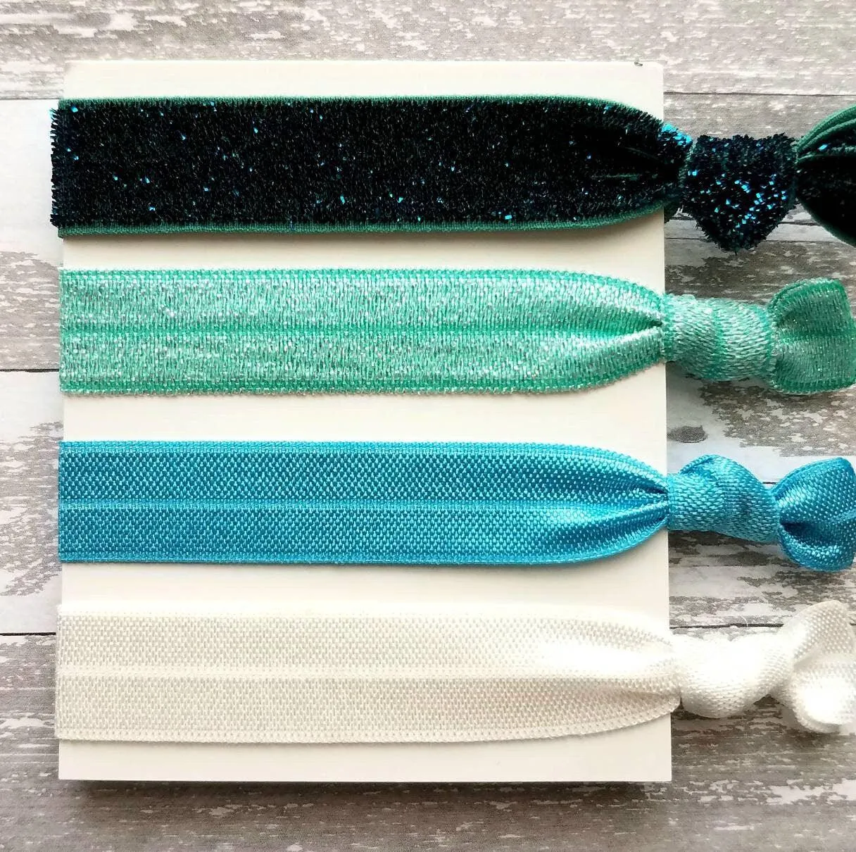 Blue Hair Band Set - ombre shades aqua turquoise velvet teal glitter sparkle elastic head tie ponytail holder handmade knot girl accessory