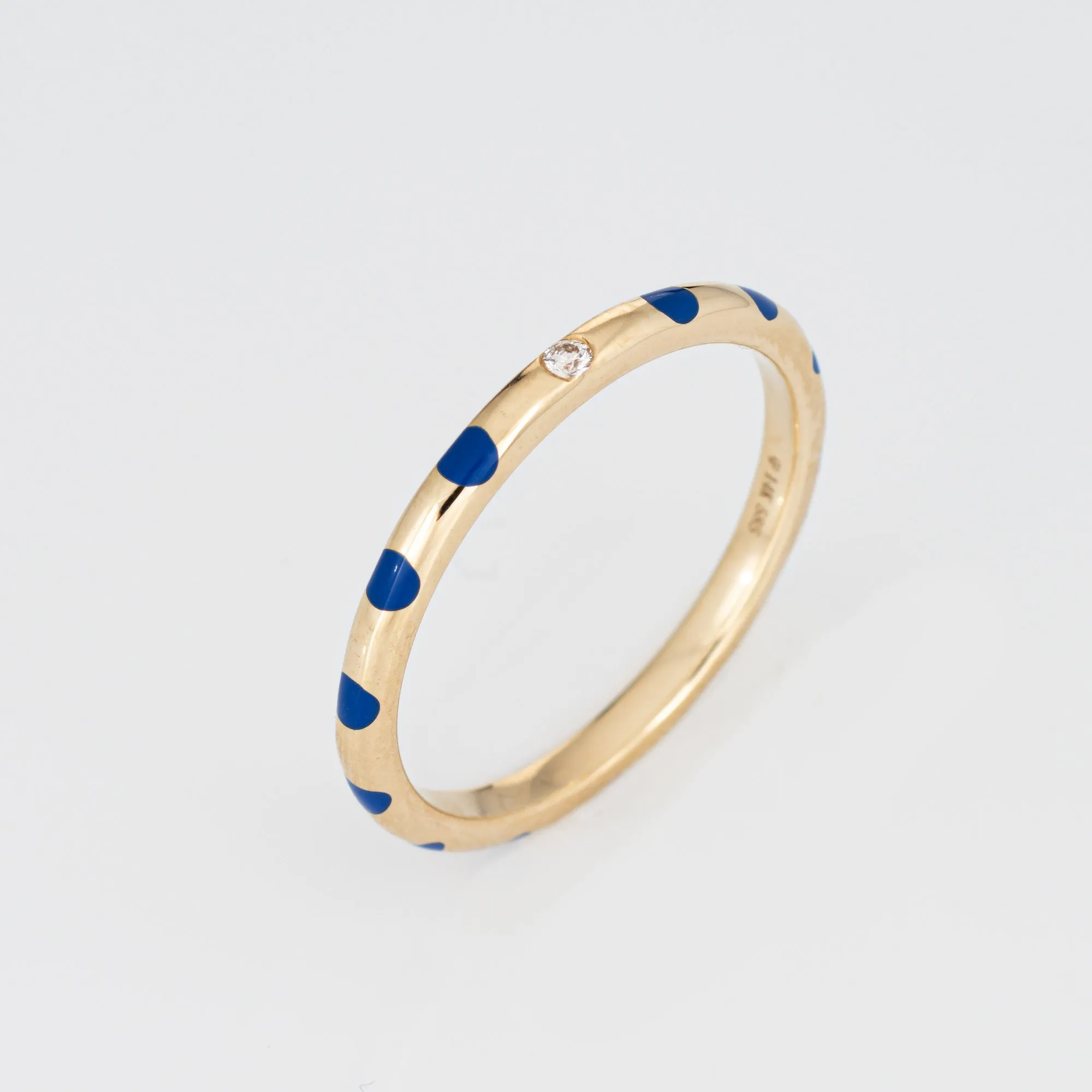 Blue Polka Dot Enamel Diamond Ring Sz 6.5 14k Yellow Gold Stacking Band Jewelry