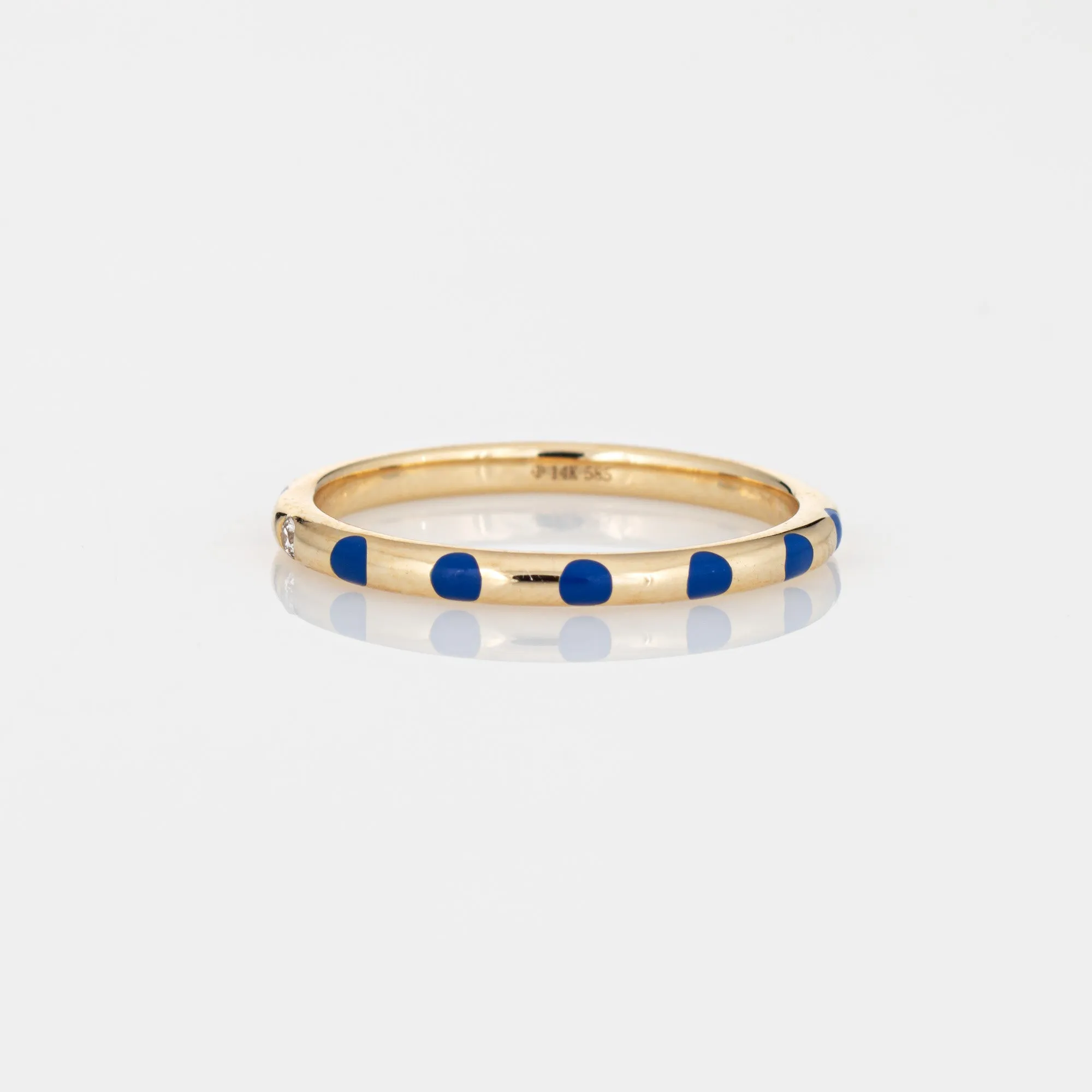 Blue Polka Dot Enamel Diamond Ring Sz 6.5 14k Yellow Gold Stacking Band Jewelry