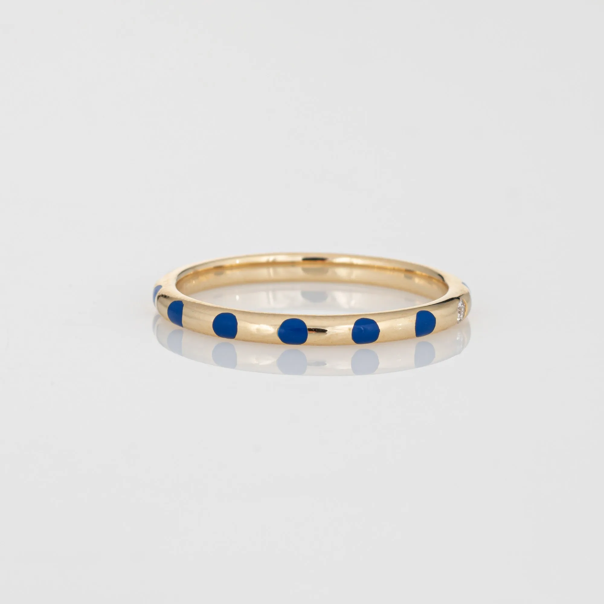 Blue Polka Dot Enamel Diamond Ring Sz 6.5 14k Yellow Gold Stacking Band Jewelry