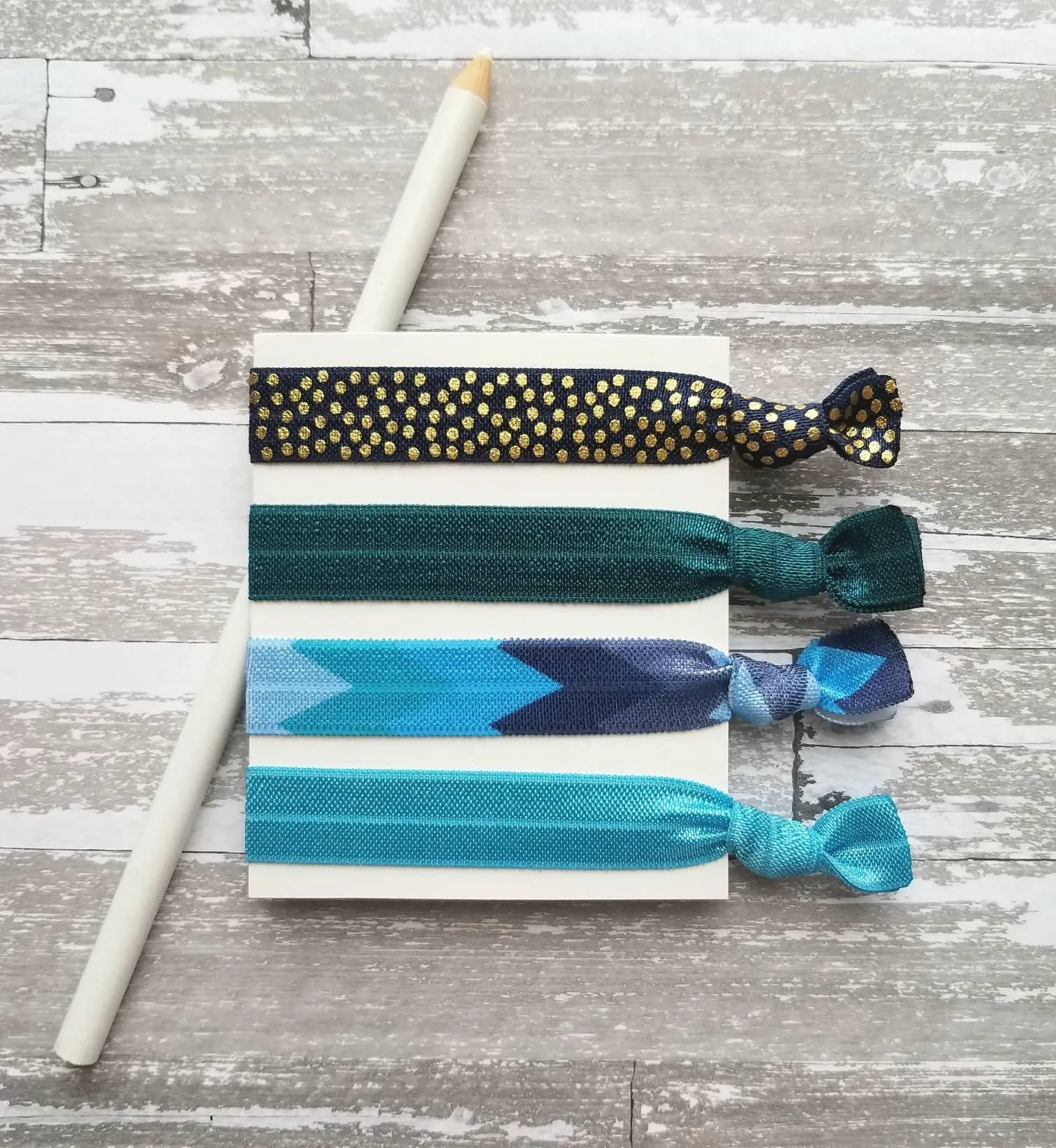 Blue Tribal Hair Tie Set, tribal bands, tribal hair ribbon, Aztec print hair tie, blue arrow hair ties, blue chevron elastic, navy aqua teal