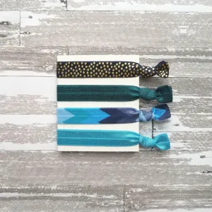 Blue Tribal Hair Tie Set, tribal bands, tribal hair ribbon, Aztec print hair tie, blue arrow hair ties, blue chevron elastic, navy aqua teal