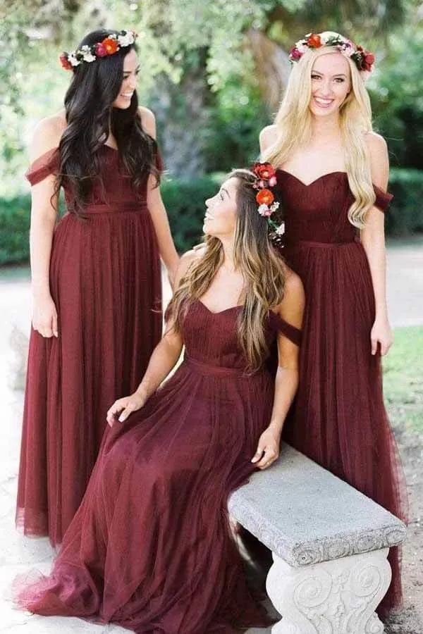Burgundy Tulle Off-the-Shoulder Floor Length Bridesmaid Dresses, MBD156