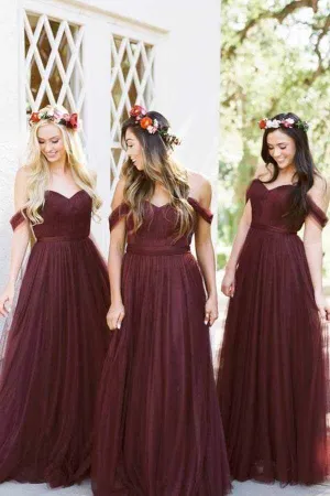 Burgundy Tulle Off-the-Shoulder Floor Length Bridesmaid Dresses, MBD156