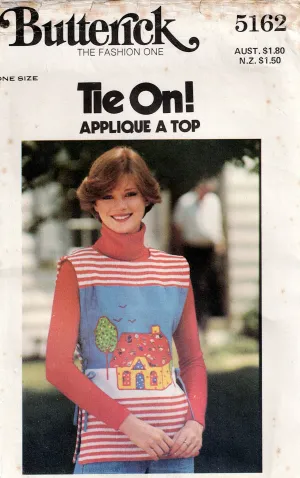 Butterick 5162 Womens Tie On Applique Top with Embroidery Transfers 1970s Vintage Sewing Pattern ONE SIZE UNCUT Factory Folded