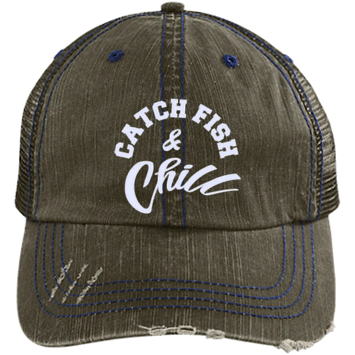 CATCH FISH & CHILL Distressed Unstructured Trucker Cap