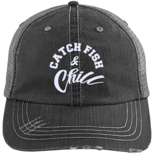 CATCH FISH & CHILL Distressed Unstructured Trucker Cap