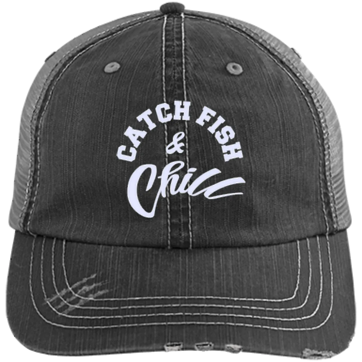 CATCH FISH & CHILL Distressed Unstructured Trucker Cap