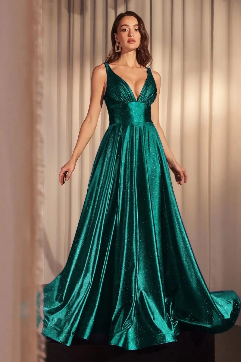 CD CC2349 - Glitter Stretch Satin A-Line Prom Gown with Plunging V-Neck & Leg Slit