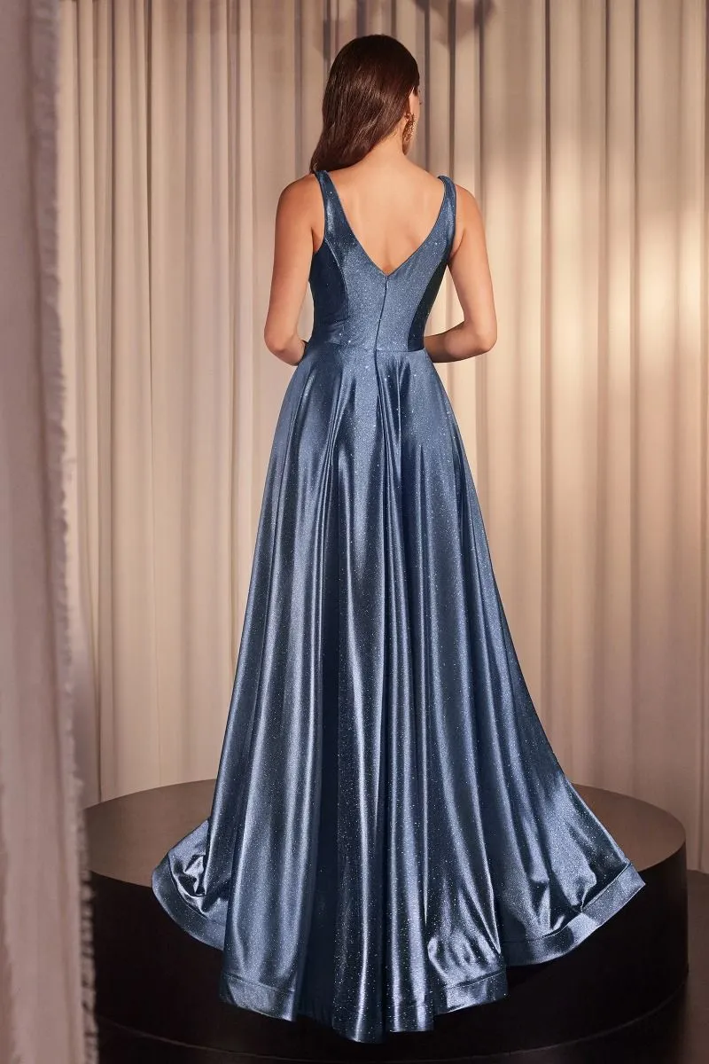 CD CC2349 - Glitter Stretch Satin A-Line Prom Gown with Plunging V-Neck & Leg Slit