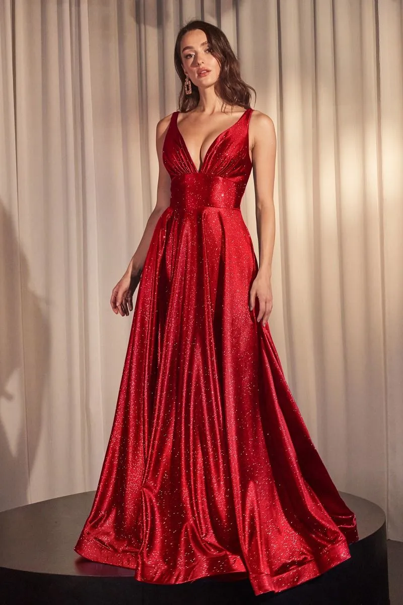 CD CC2349 - Glitter Stretch Satin A-Line Prom Gown with Plunging V-Neck & Leg Slit