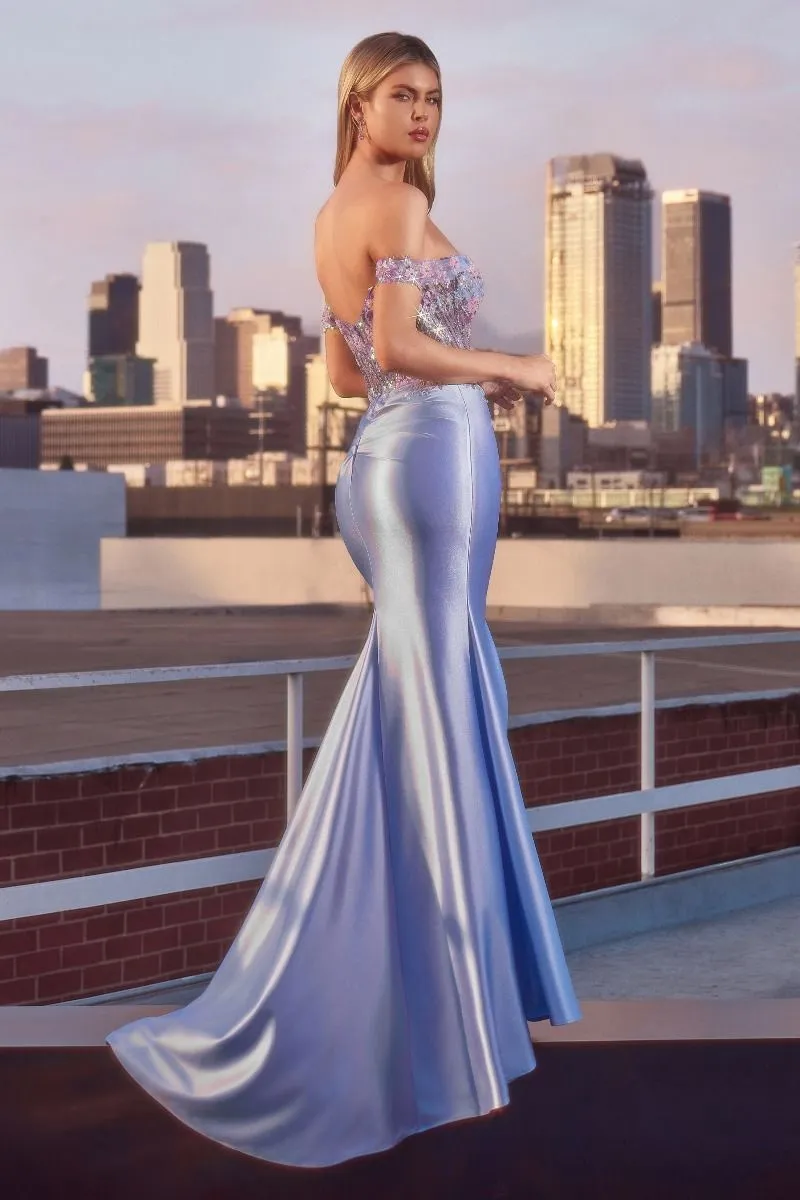 CD CD745 - Off the Shoulder Satin Fit & Flare Prom Gown with Sheer Floral Beaded Bodice Leg Slit & Open Lace Up Back