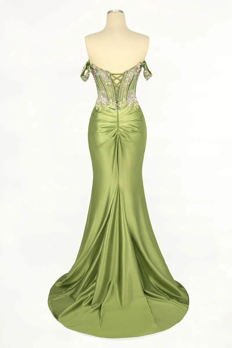CD CD745 - Off the Shoulder Satin Fit & Flare Prom Gown with Sheer Floral Beaded Bodice Leg Slit & Open Lace Up Back