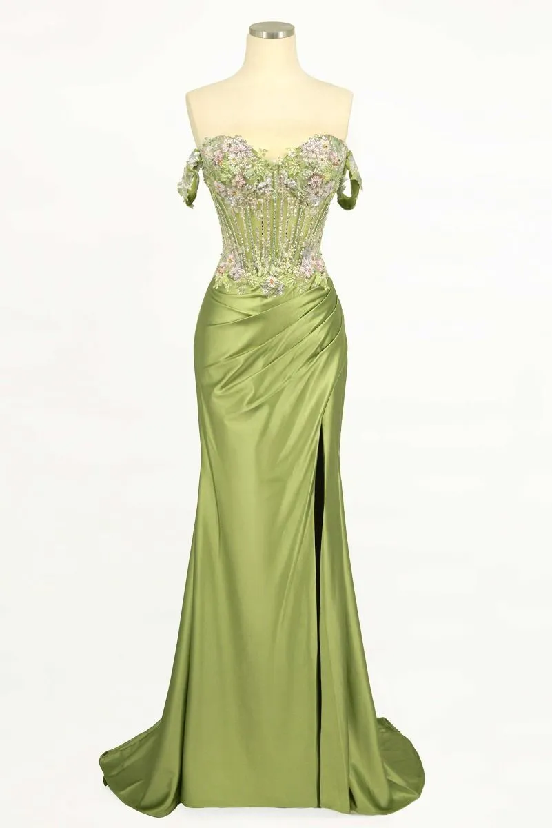 CD CD745 - Off the Shoulder Satin Fit & Flare Prom Gown with Sheer Floral Beaded Bodice Leg Slit & Open Lace Up Back
